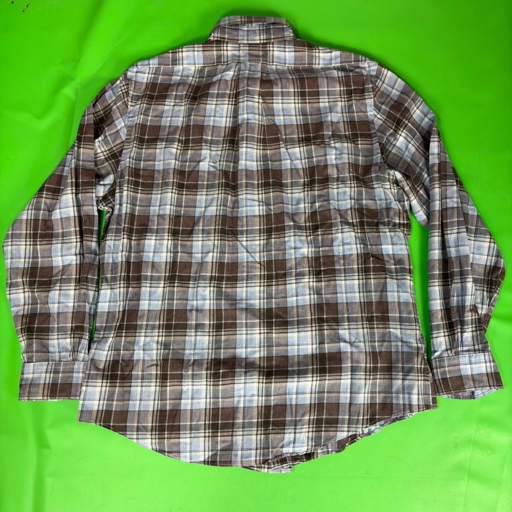 Brooks Brothers Brushed Cotton Button Shirt Mens L Blue Brown Plaid Regent Fit